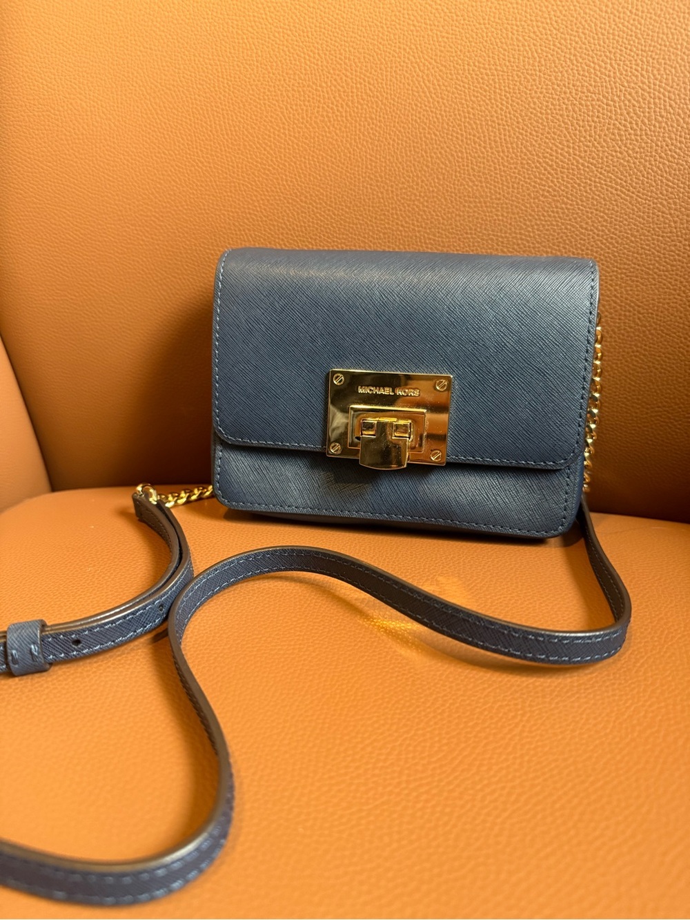 Michael Kors Navy Blue Leather Crossbody with Gold Hardware